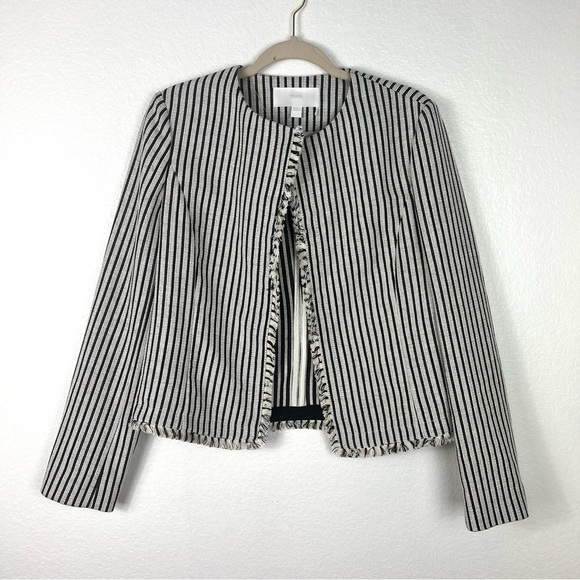 HUGO BOSS Black & White Striped KOMINA Fringe Trim Collarless Jacket size 8 - Picture 2 of 10